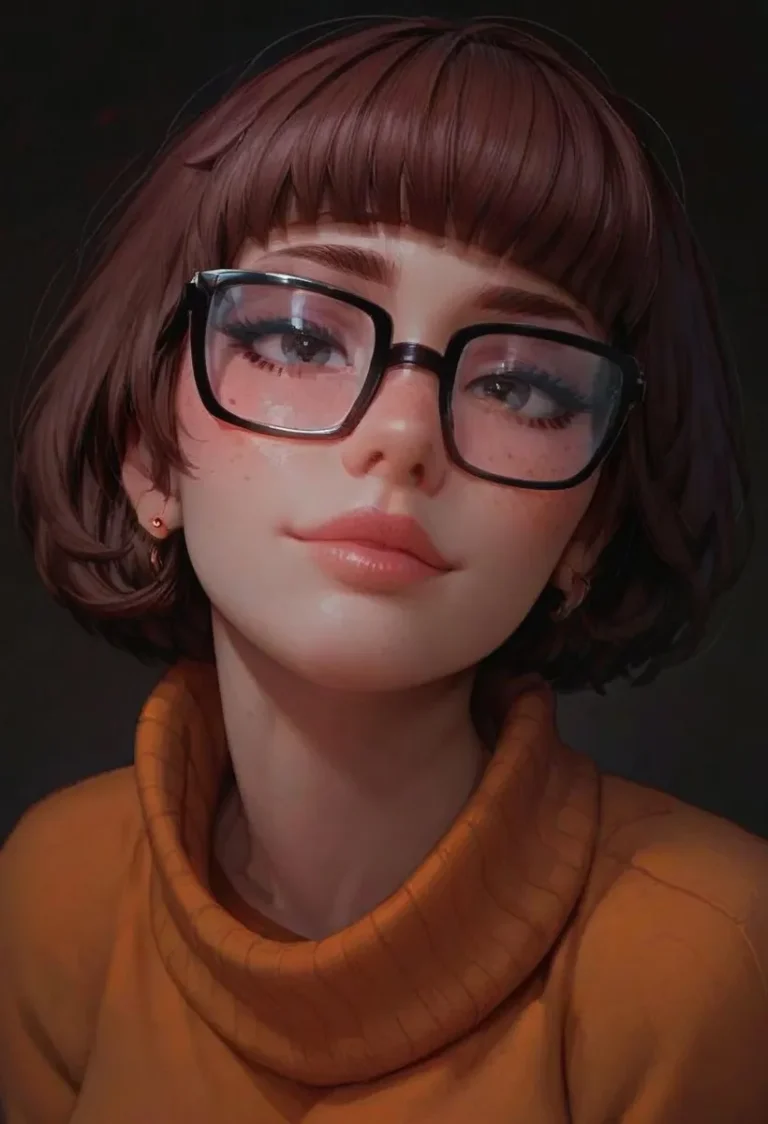 Realistic anime-style portrait of a girl with short brown hair, large round glasses, and a high-neck sweater. AI generated image using Stable Diffusion.