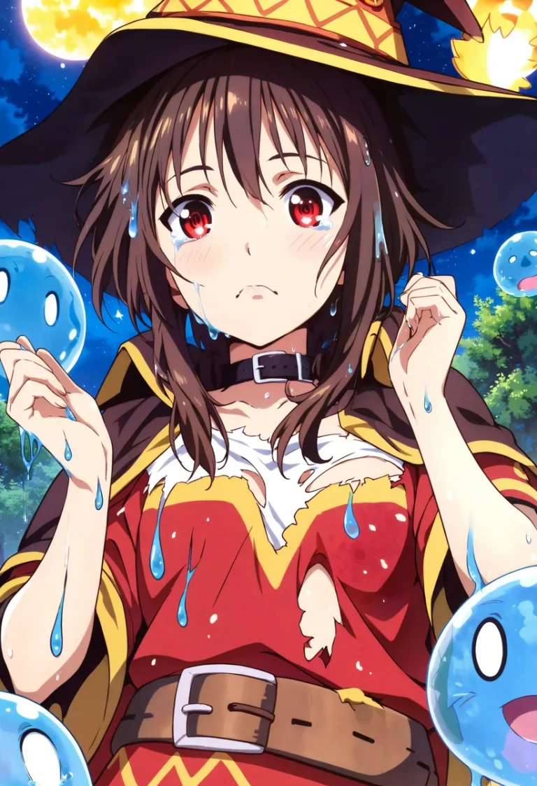 Anime girl wizard in a red dress and hat, surrounded by blue slime creatures, AI generated using Stable Diffusion.