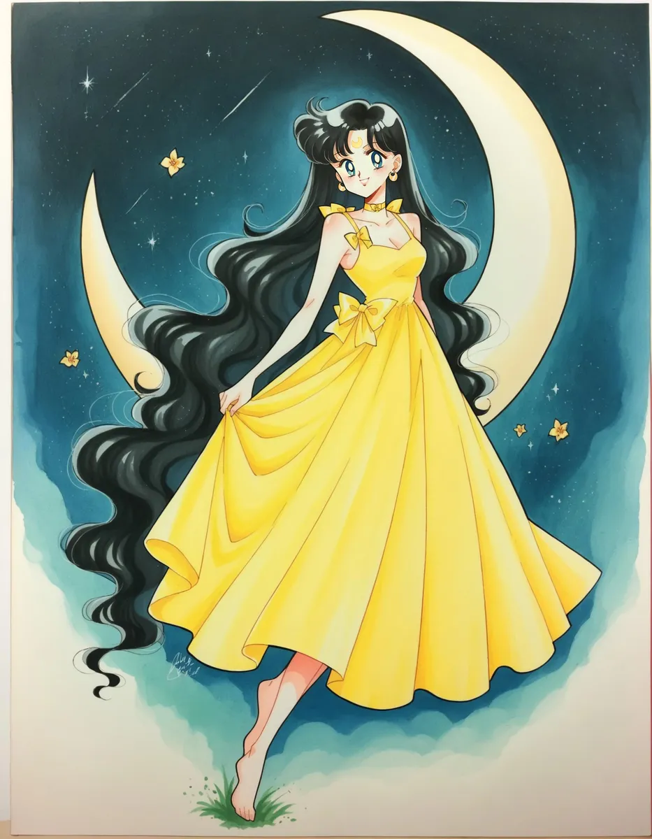 Anime girl with long black hair, dressed in a yellow dress, standing barefoot under a crescent moon with a starry background. AI generated image using Stable Diffusion.
