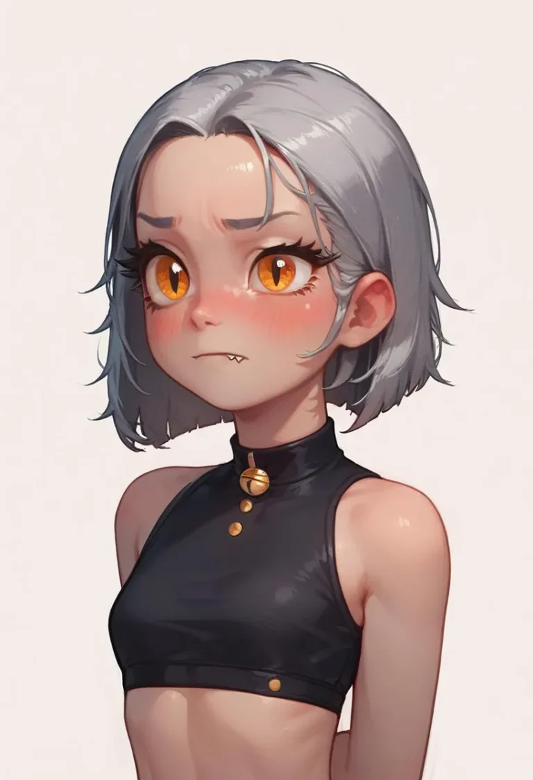 Anime-style girl with short grey hair, large yellow eyes, and small fangs, wearing a black sleeveless top. This image is AI-generated using Stable Diffusion.