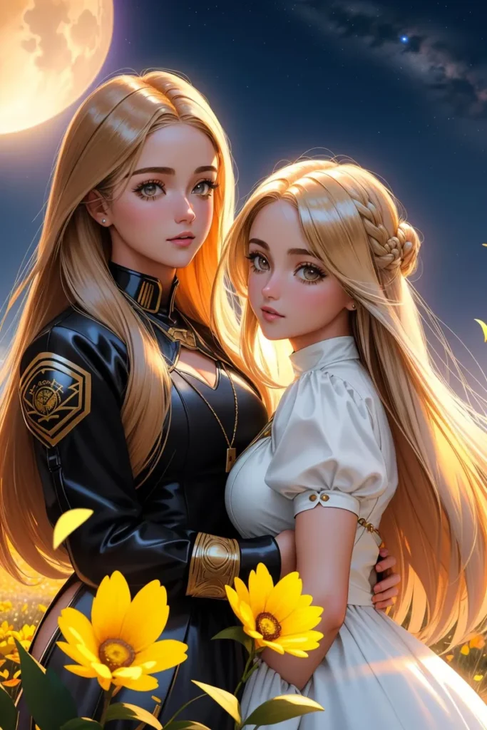 Two beautiful anime girls with long blonde hair standing in a sunflower field under a bright full moon. AI image generated using Stable Diffusion.
