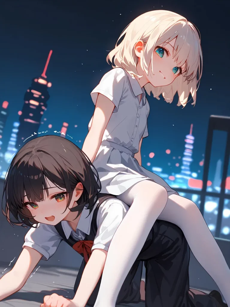 AI generated image of two anime girls; one blonde sitting on a dark-haired girl with a night cityscape background using Stable Diffusion.