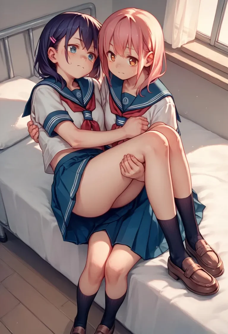 Two anime girls in school uniforms sitting closely together on a bed in a well-lit room. This is an AI generated image using Stable Diffusion.
