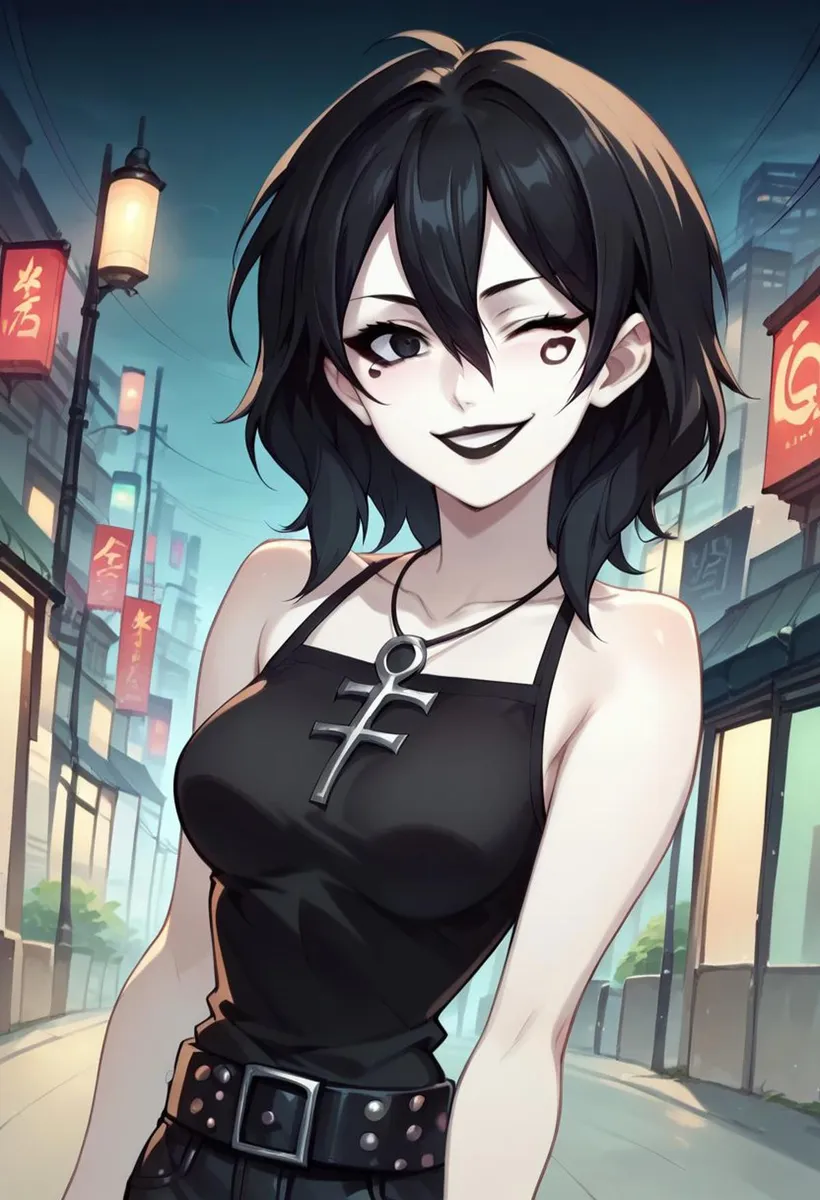 AI generated image of an anime goth girl with black hair and dark makeup, wearing a black tank top with a goth necklace and studded belt, winking while standing on an urban street at night using Stable Diffusion.