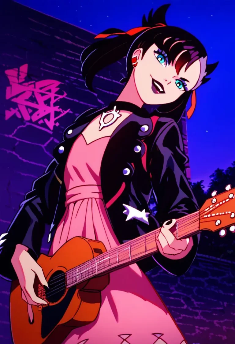 Anime girl with a black jacket and pink dress, playing a guitar with a confident smile, generated using Stable Diffusion AI.
