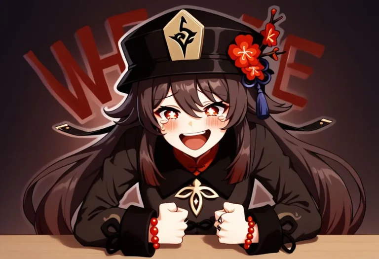 AI generated image of a happy anime girl with bright star-like eyes, wearing a black hat adorned with red flowers.