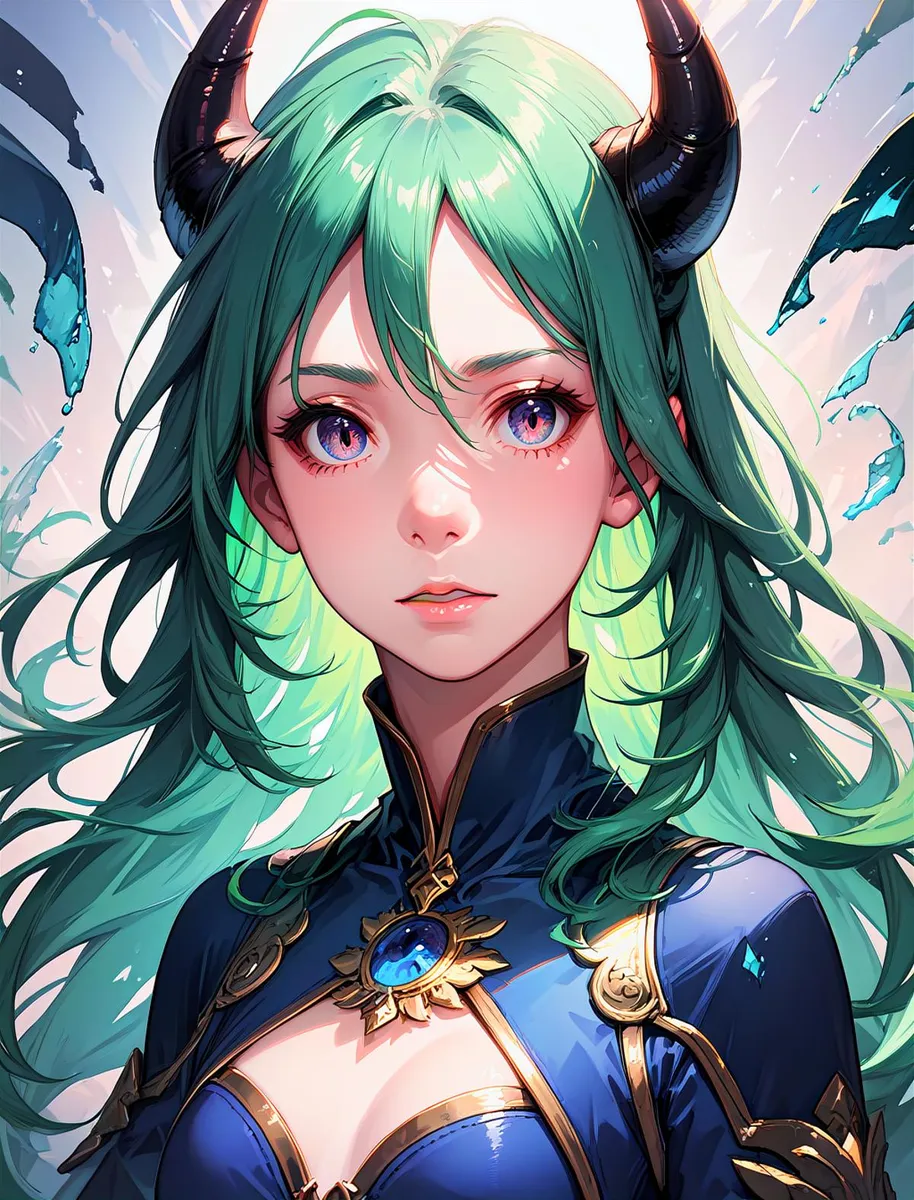 Anime girl with green hair and demon horns, wearing a detailed blue outfit, accentuated with blue eyes. AI generated image using Stable Diffusion.
