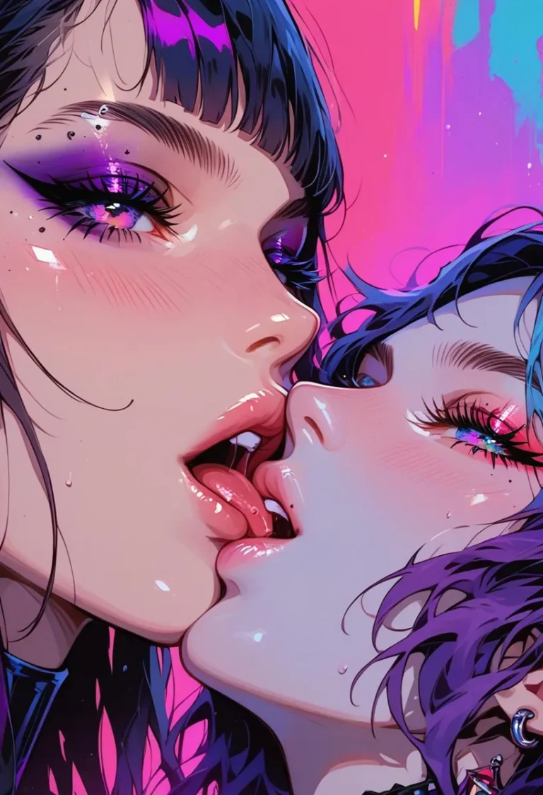 A highly detailed AI-generated image using stable diffusion, depicting two anime-style characters engaged in a passionate kiss with vibrant neon colors.