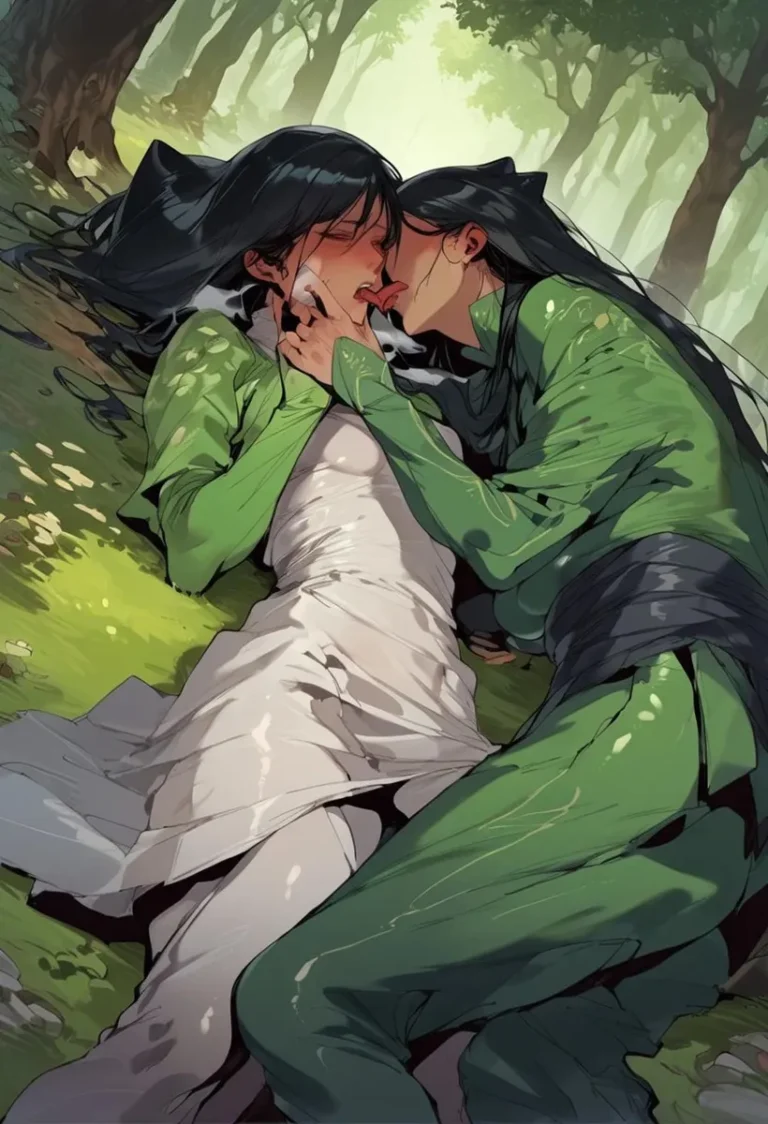Anime-style couple kissing passionately while lying on a forest floor. AI generated image using Stable Diffusion.