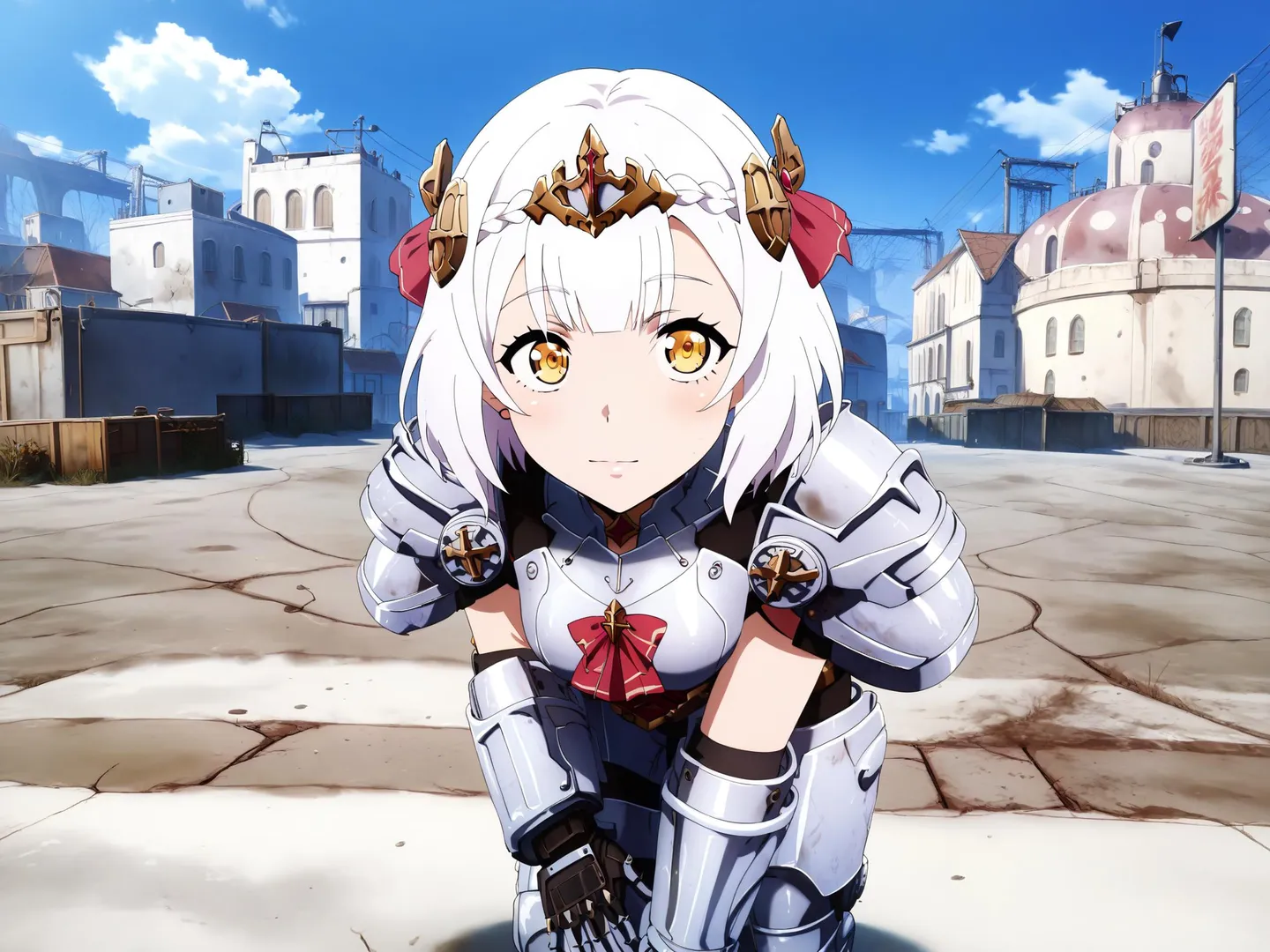 Anime-style illustration of a female knight in armor with white hair and golden eyes, generated using stable diffusion.