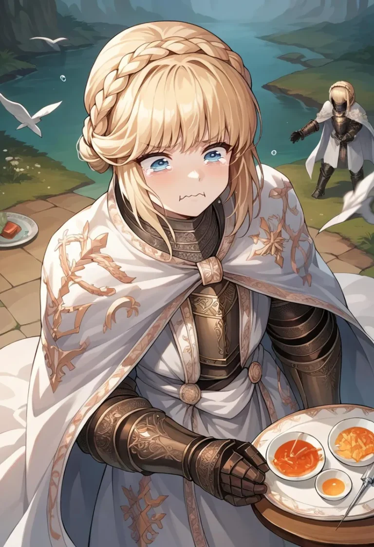 An AI generated image using stable diffusion of a crying blonde anime knight in medieval armor, holding a plate with food.