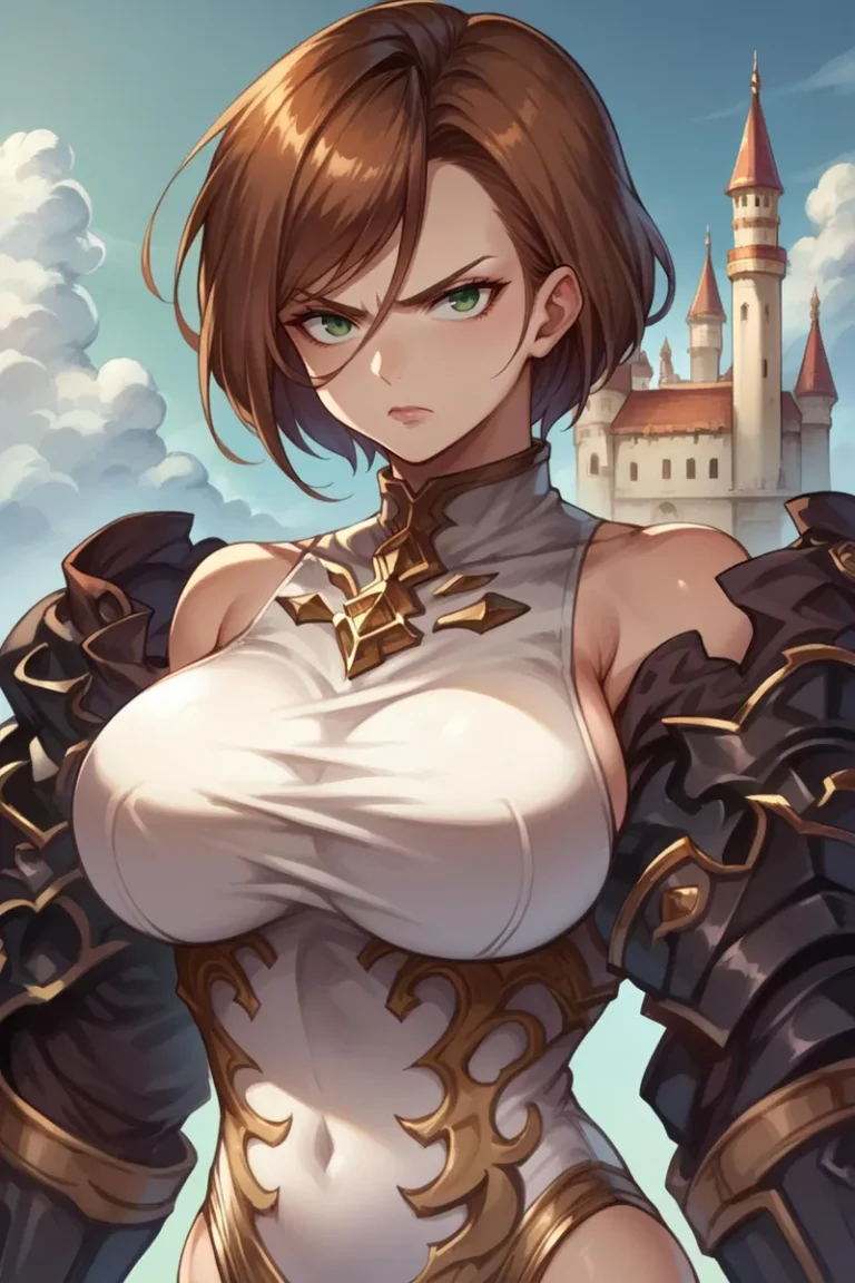 Anime-style depiction of a female knight with short brown hair and green eyes, wearing ornate armor with gold accents, against a backdrop of a medieval castle and blue sky with clouds, AI generated using Stable Diffusion.
