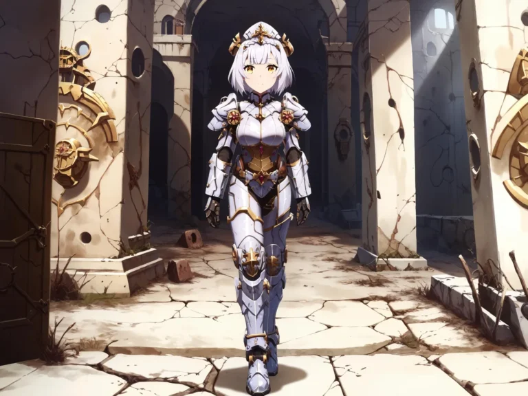 A detailed AI-generated anime image of a female warrior in ornate armor walking through an ancient, stone dungeon created using Stable Diffusion.
