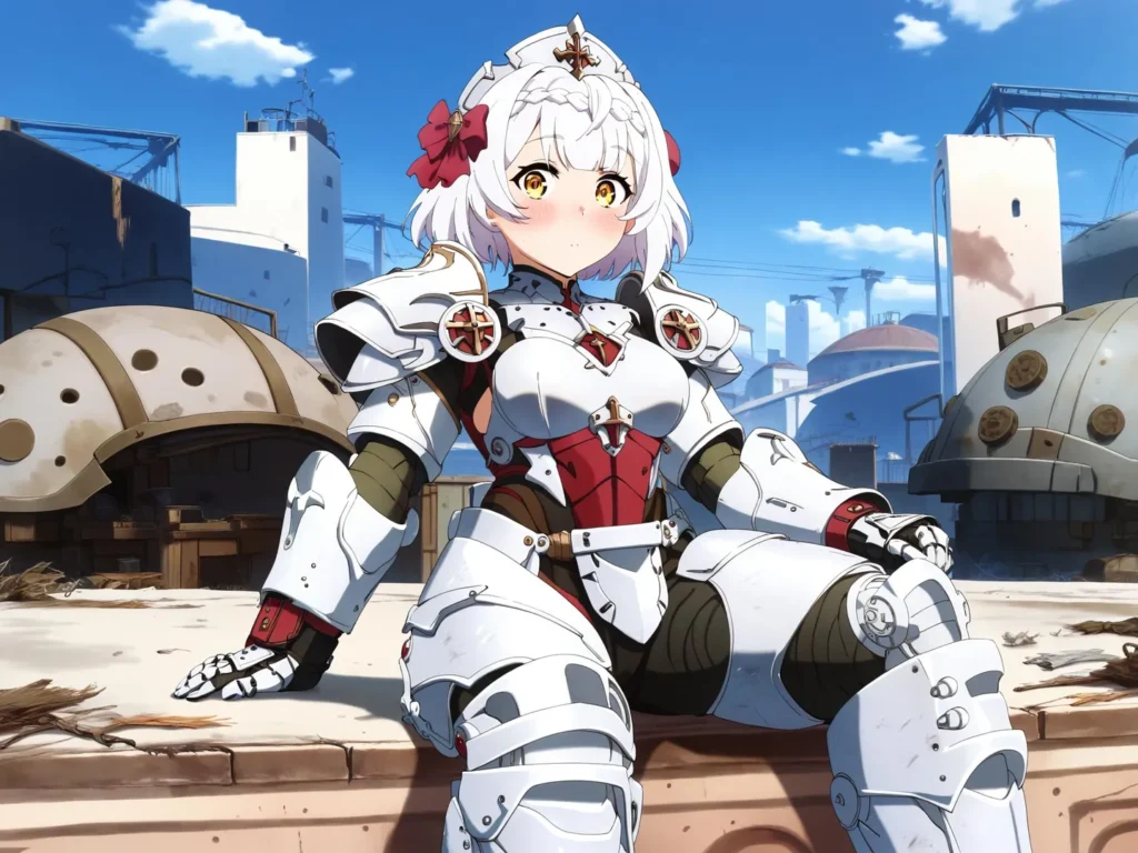 Anime-style knight in detailed futuristic armor with white, red, and gold accents, sitting against an industrial background. AI generated image using Stable Diffusion.