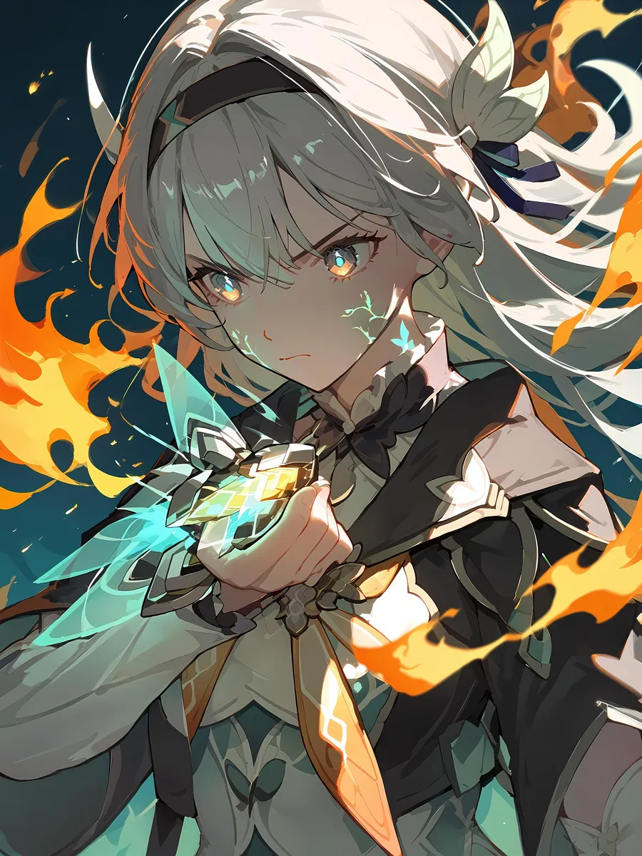 A fierce anime-styled female warrior with white hair holding a glowing sword surrounded by blue and orange magic flames, AI generated using stable diffusion.