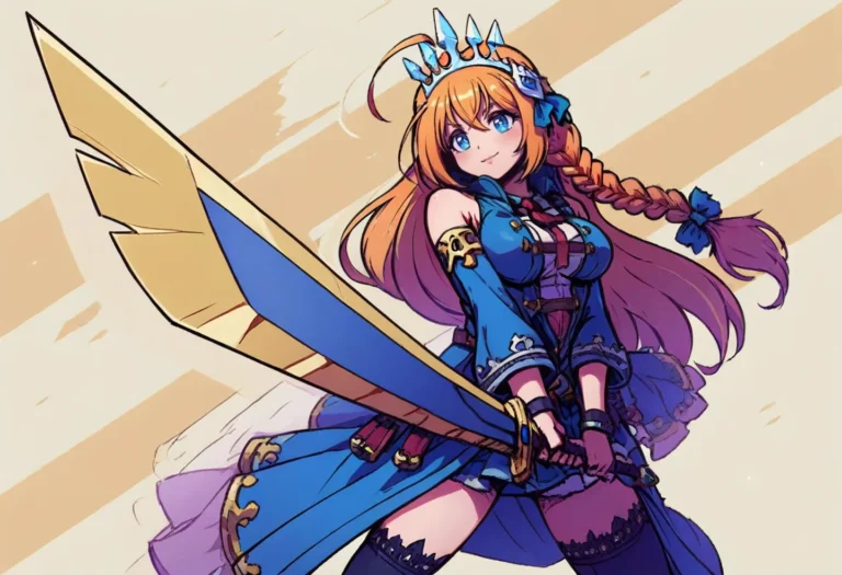 AI-generated image of an anime knight princess wearing blue armor and holding a large gold and blue sword. The character has long braided orange hair adorned with a crown.