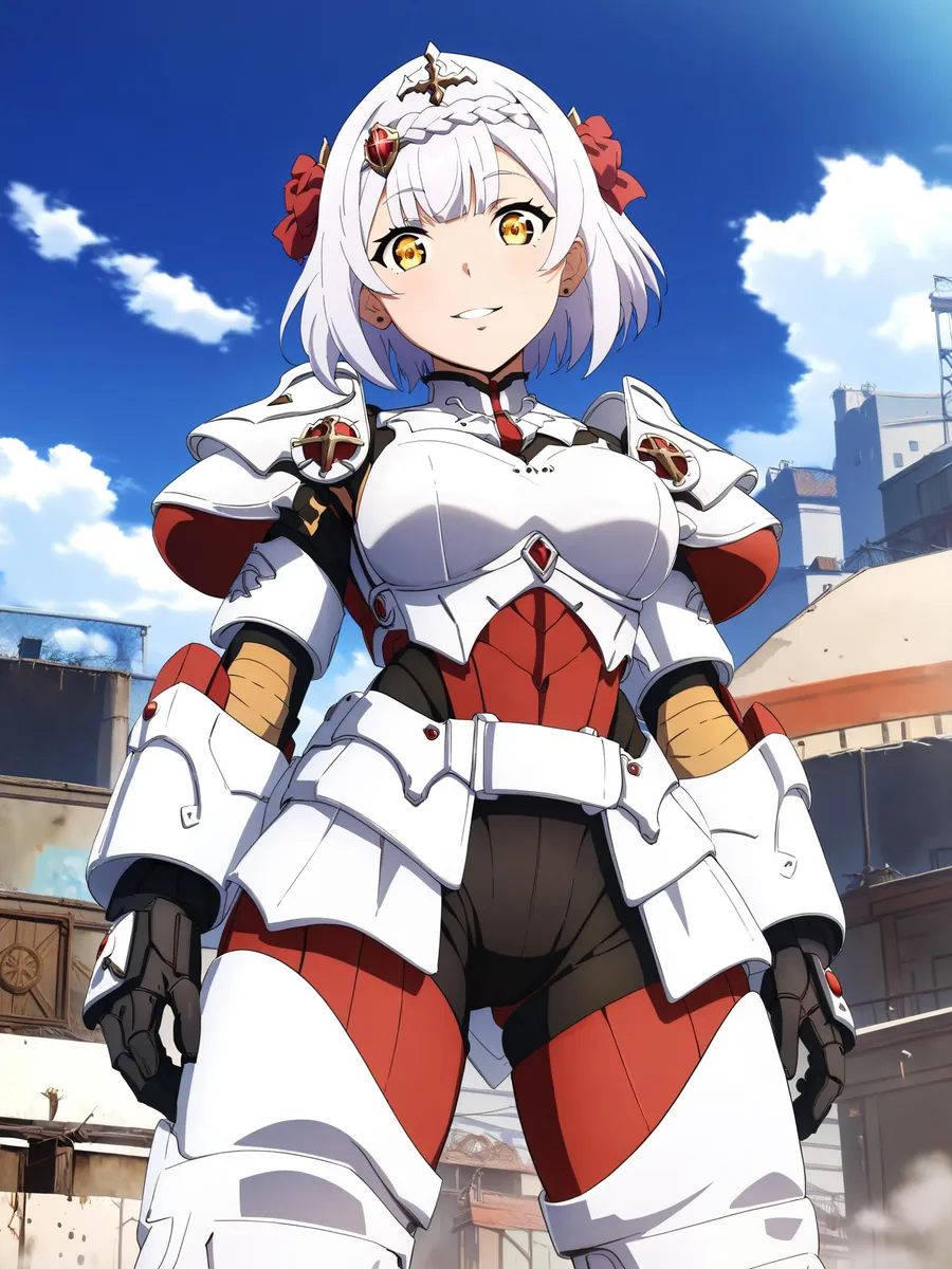 Anime-style female knight with white hair, red and white armor, yellow eyes, and a confident expression. AI generated using Stable Diffusion.