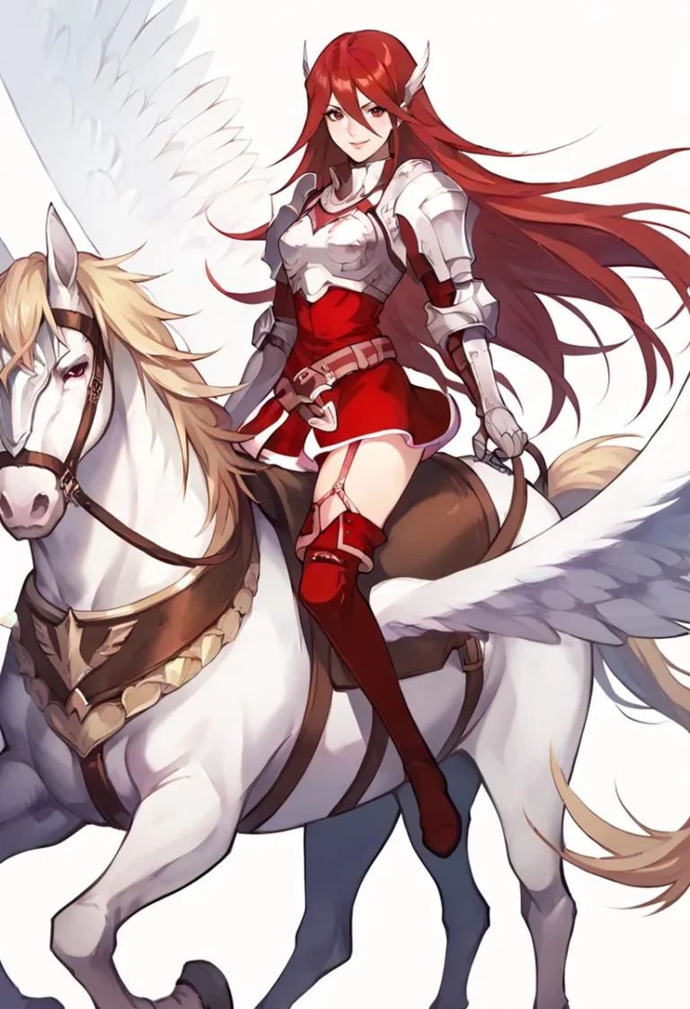 An AI generated anime image of a red-haired, armored knight riding a white winged horse using Stable Diffusion.