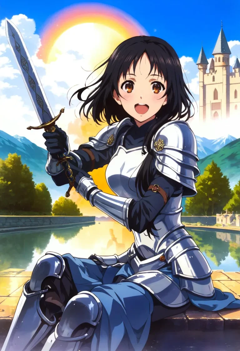 Anime-styled knight in armor holding a sword with a castle and a rainbow in the background created using Stable Diffusion.
