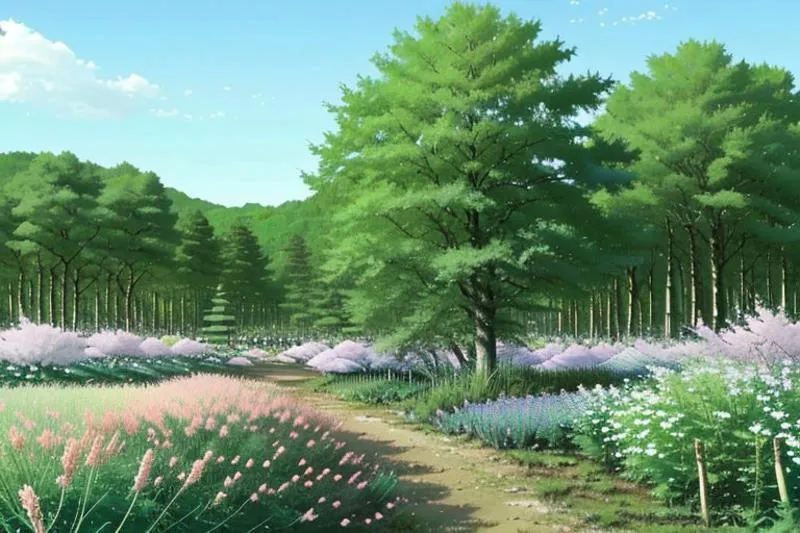 An AI generated image using stable diffusion depicting an anime-style landscape featuring a forest path surrounded by lush trees and colorful flowers.