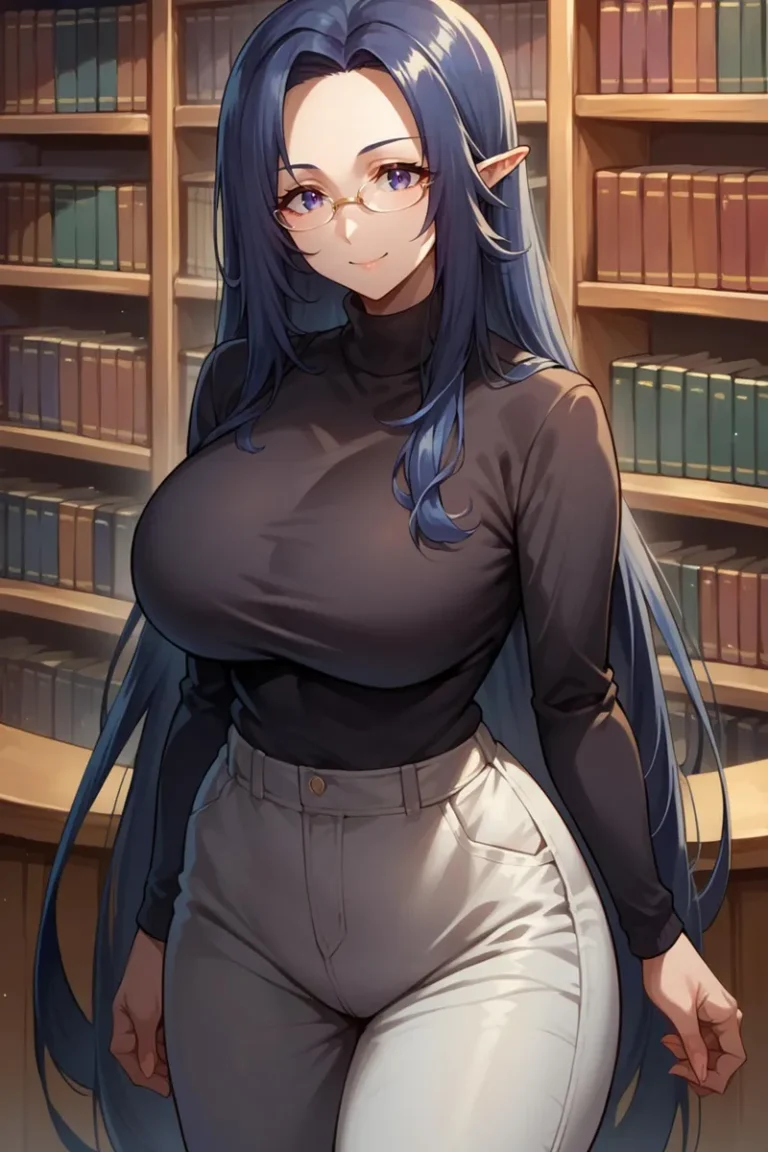 AI generated image of a beautiful anime elf librarian with long purple hair, wearing glasses and a black turtleneck in front of bookshelves, made using stable diffusion.