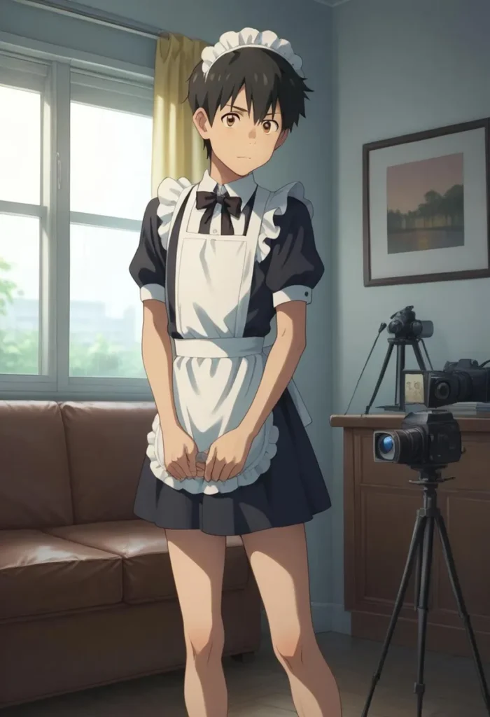 Anime-style image of a young male character dressed in a maid outfit, created using Stable Diffusion