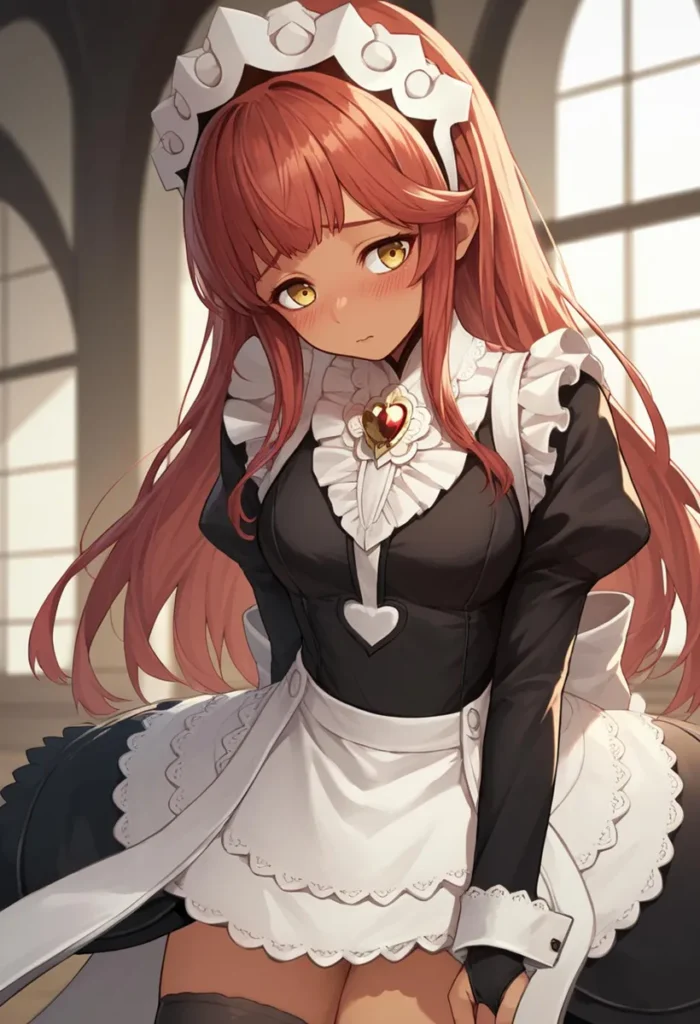 A cute anime girl dressed as a maid with long brown hair, wearing a black and white maid outfit, created using Stable Diffusion.