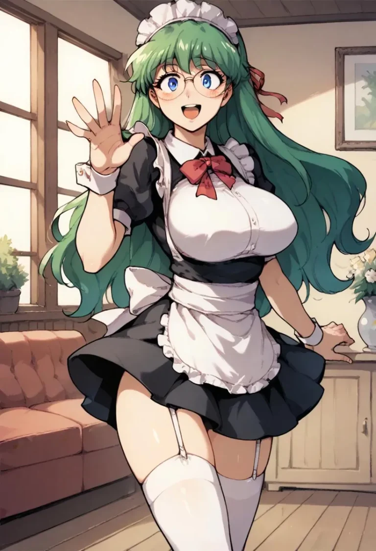 Anime-style illustration of a cheerful maid with flowing green hair and glasses, wearing a black and white maid outfit.