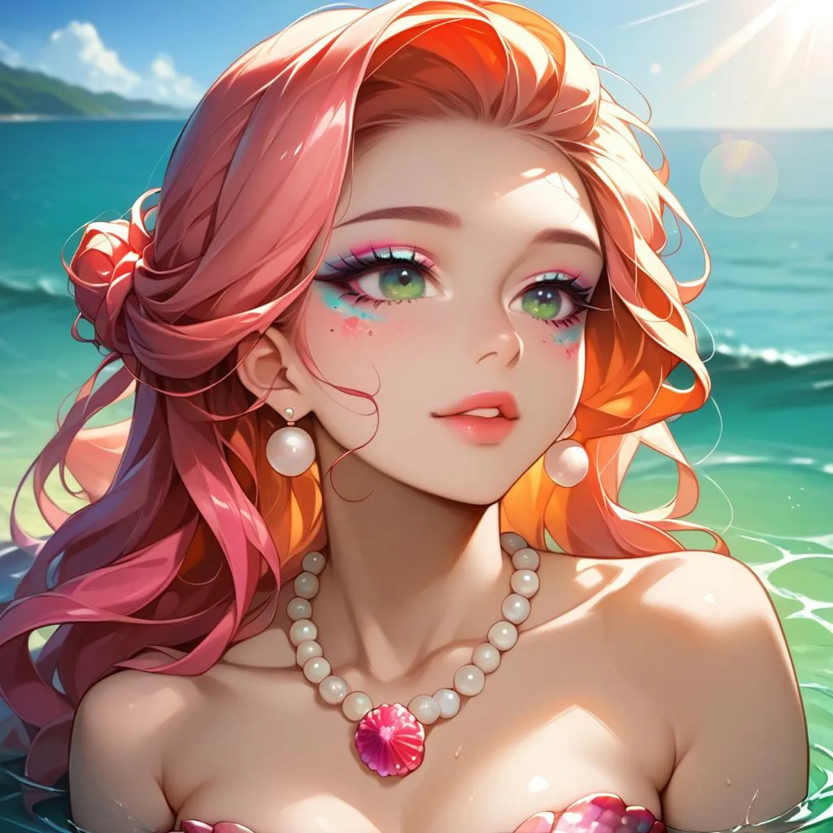 A vibrant anime-styled mermaid with pink hair and green eyes, wearing pearl jewelry, created by AI using Stable Diffusion.
