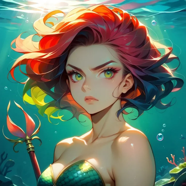 An AI generated image using stable diffusion of an anime-style mermaid with vibrant colorful hair, underwater.