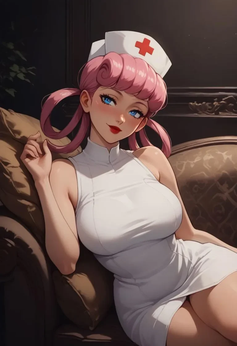 AI generated image of an anime nurse with pink hair, created using Stable Diffusion. The anime girl is seated on a couch with a seductive smile and wearing a white nurse outfit and cap.