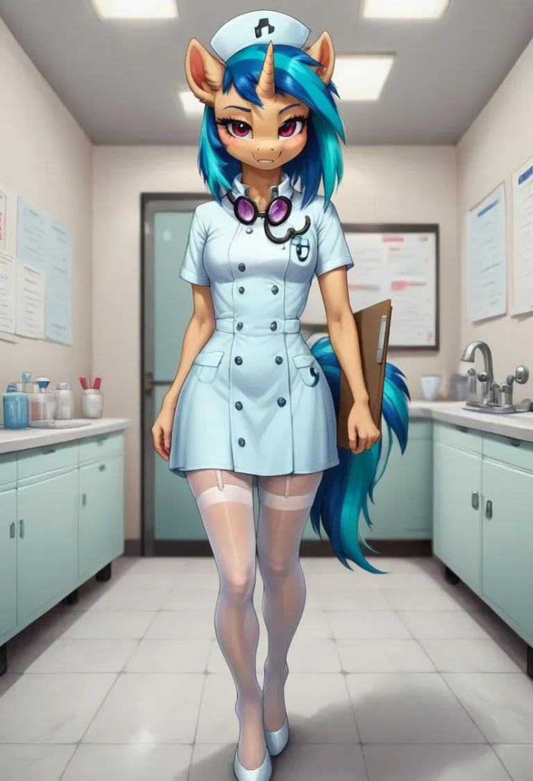 Anthropomorphic anime nurse with blue hair and unicorn horn in a hospital. AI generated image using Stable Diffusion.