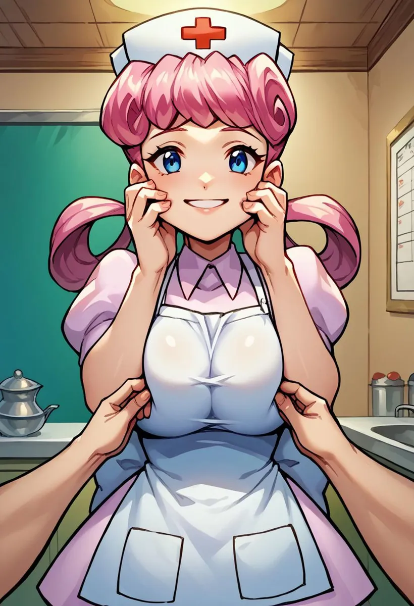 A cute anime nurse with pink hair in pigtails and blue eyes smiling brightly, generated using Stable Diffusion.