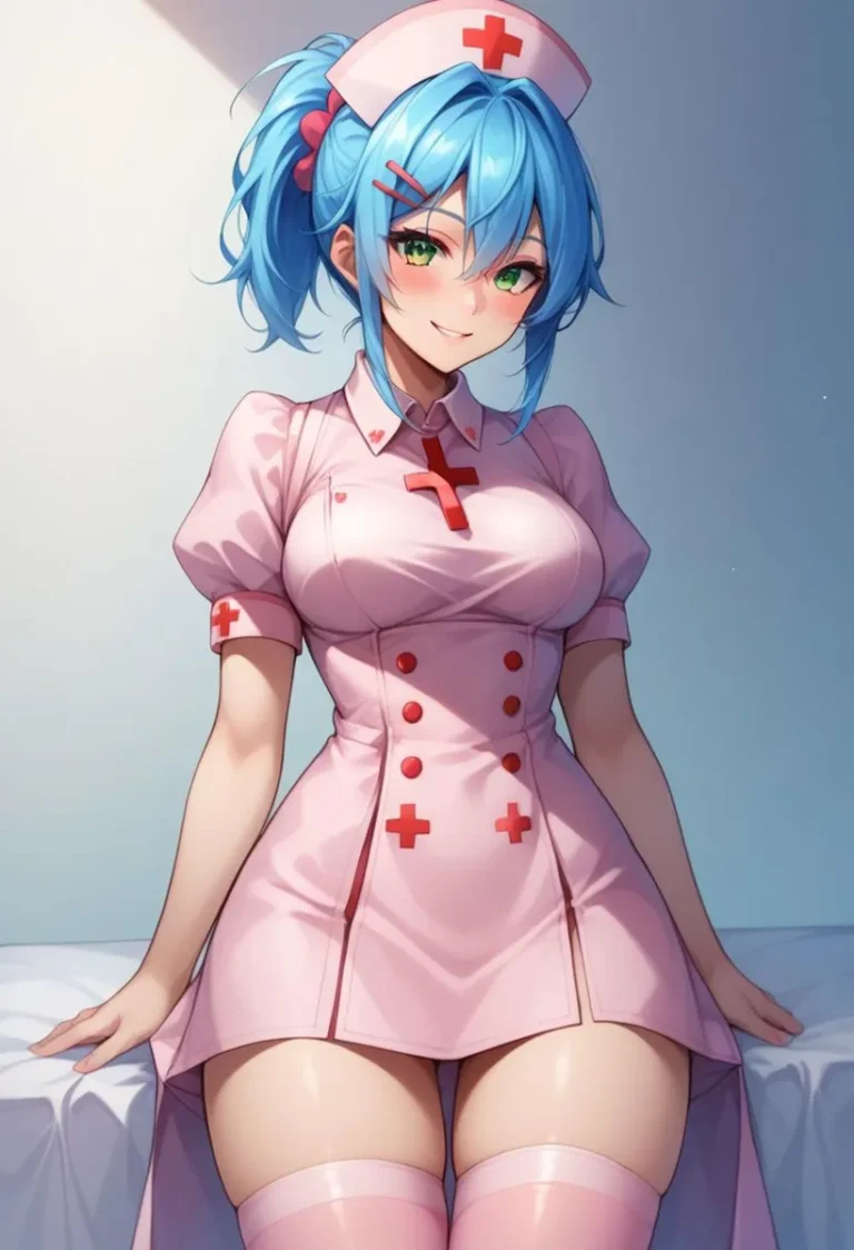 AI-generated anime nurse in a pink outfit with blue hair and green eyes created using Stable Diffusion.