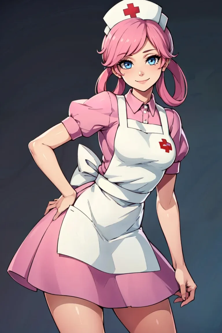 AI generated image of a cute anime nurse with pink hair and blue eyes, wearing a pink uniform and a white apron with a red cross emblem.