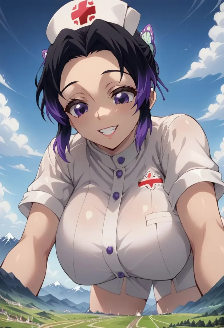 A detailed anime-style image of a nurse with purple hair and a white uniform, created using stable diffusion AI.