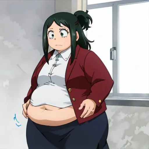 AI generated image of an anime woman with teal hair and a distressed expression, dressed in a white blouse and maroon blazer, holding her stomach. Rendered using Stable Diffusion.