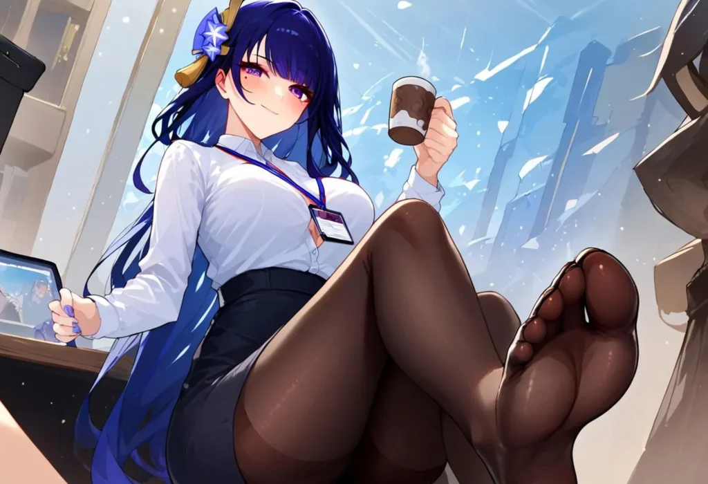 Anime office lady with long blue hair, wearing a white blouse and black skirt, relaxing with a cup of coffee.
