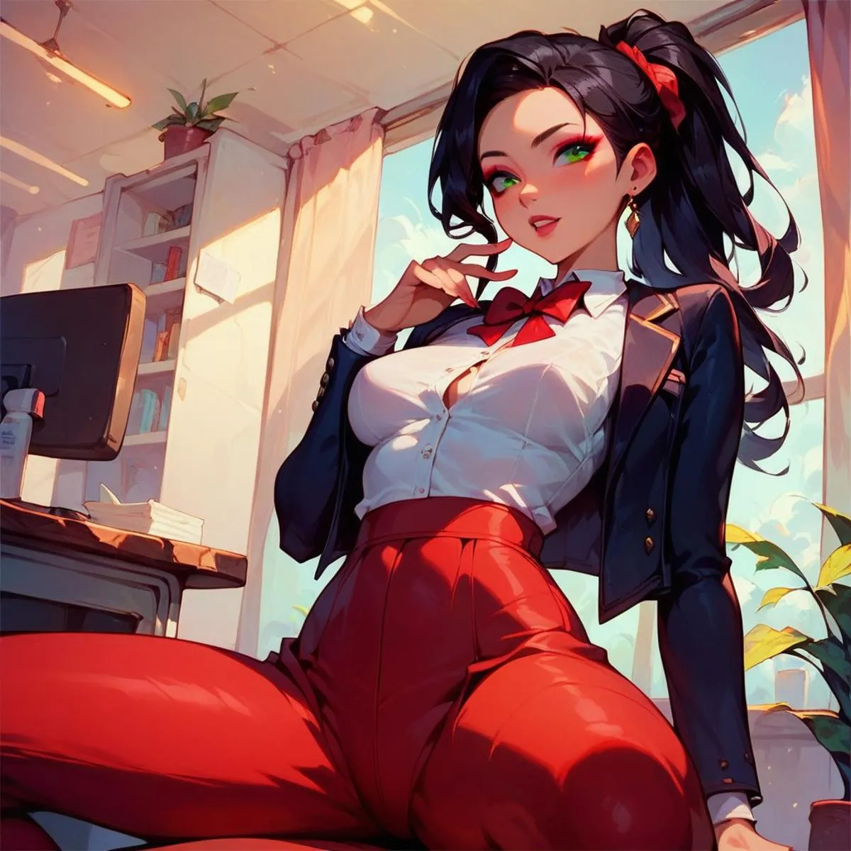 AI generated image using stable diffusion of an anime woman in office attire with red pants, white shirt and black jacket