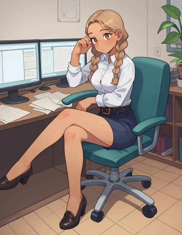 Anime-style office worker with braided hair and glasses, sitting in front of dual computer screens with papers on the desk, generated using Stable Diffusion.