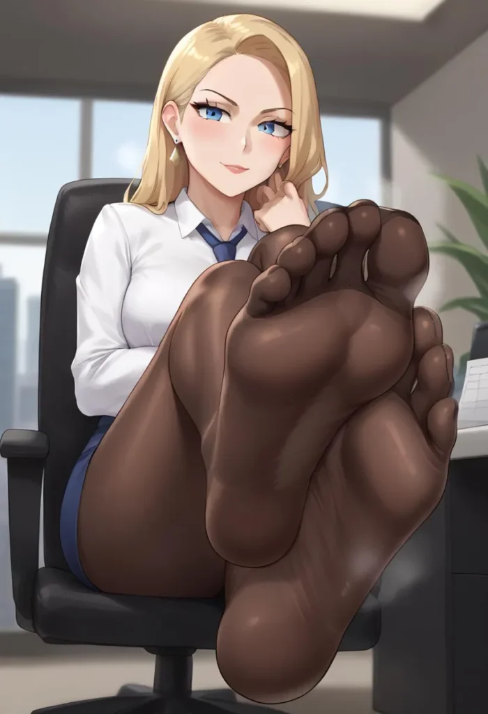 An AI-generated image using Stable Diffusion depicting an anime-style blonde office worker sitting in a chair with her large feet prominently featured towards the viewer.