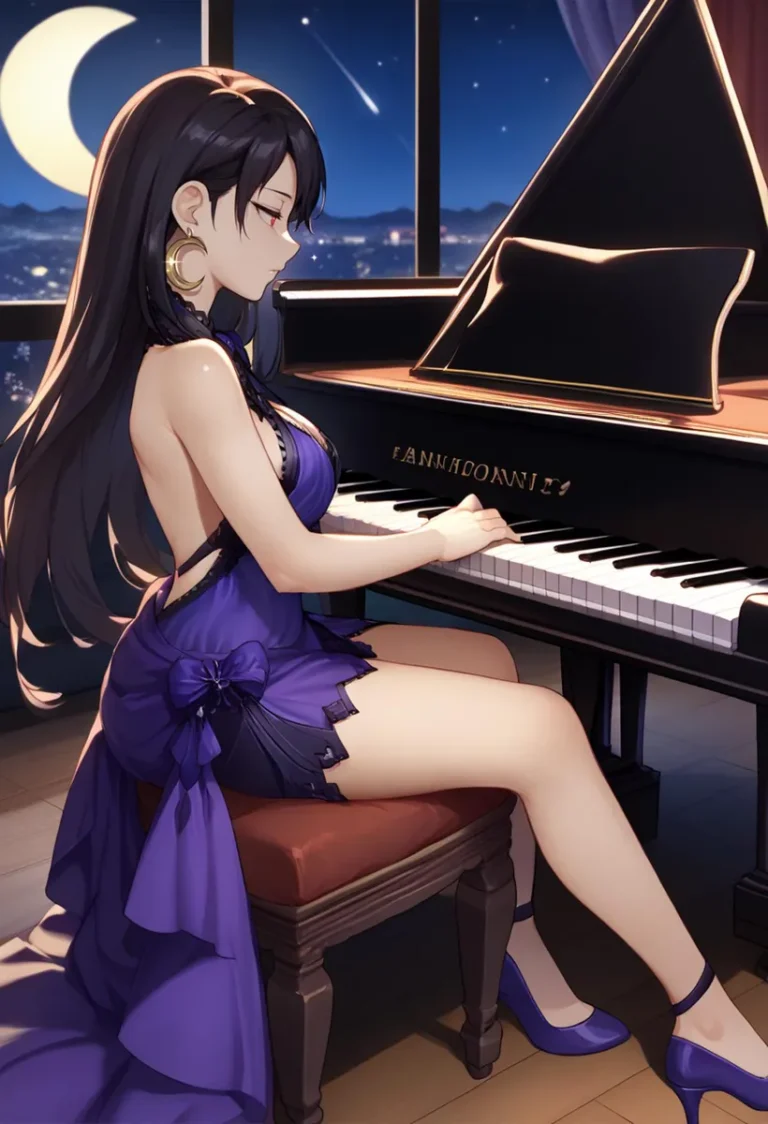 AI generated image of an anime girl in a purple elegant dress, playing the piano at night with the moon and a falling star in the background.