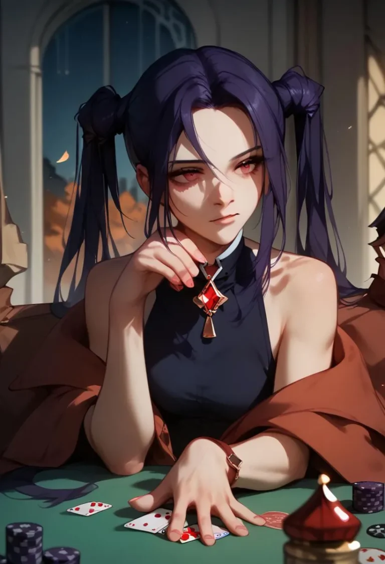 A detailed anime-style illustration of a woman with long, dark purple hair tied in twin ponytails, dressed in a navy sleeveless top and brown cloak, playing poker at a table generated using Stable Diffusion.