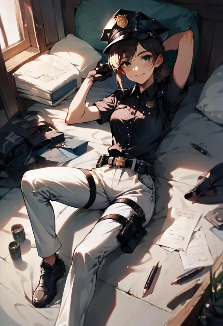 Anime police officer relaxing on a bed in a detailed and well-lit room, created with Stable Diffusion AI.