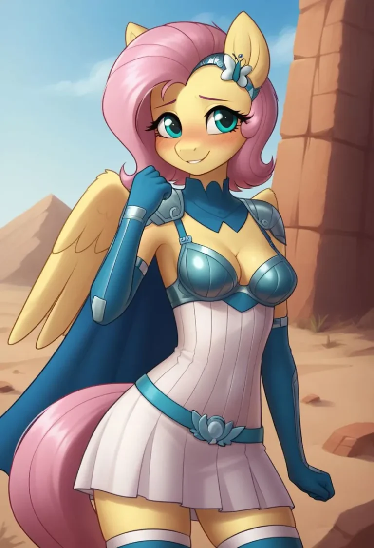 AI generated image using Stable Diffusion of an anthropomorphic pony warrior with pink hair, blue and white armor, and a scenic background of desert and ruins