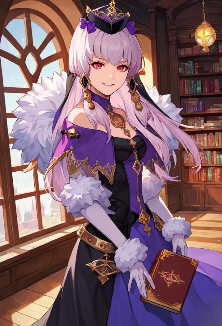 Anime-style princess with long white hair, purple gown, crown, and holding a book, in a well-lit library. AI generated image using stable diffusion.