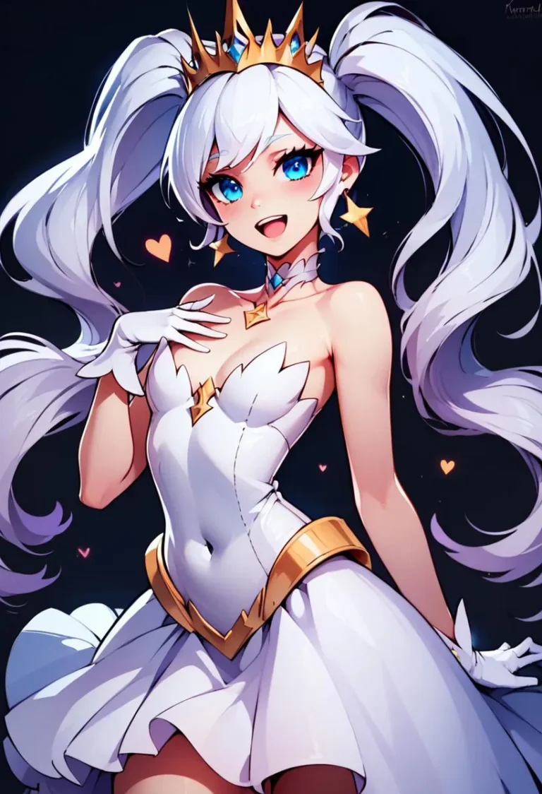 Anime girl with long white hair, blue eyes, gold crown, and white dress characterized by a playful and vibrant expression, generated using Stable Diffusion.
