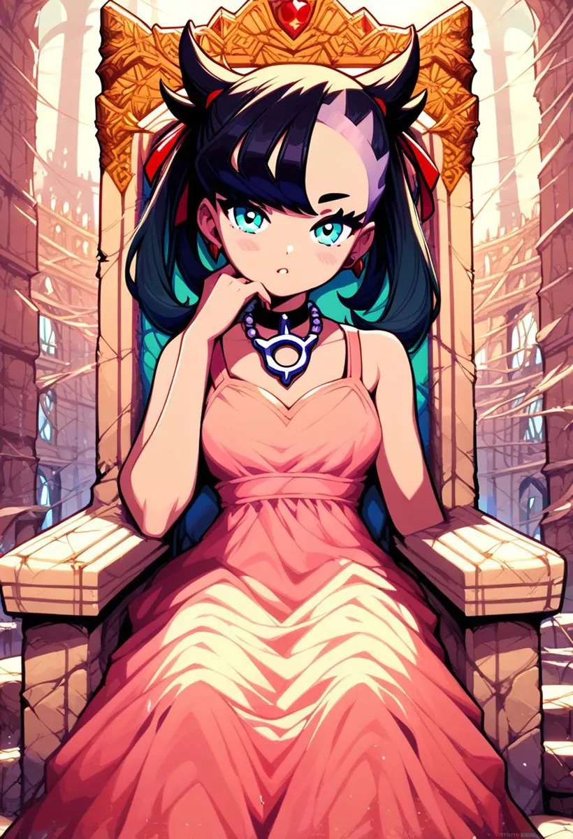Anime-styled princess with dark hair, sitting thoughtfully on an ornate throne in a detailed regal setting, wearing a pink dress and elaborate necklace, created using Stable Diffusion.