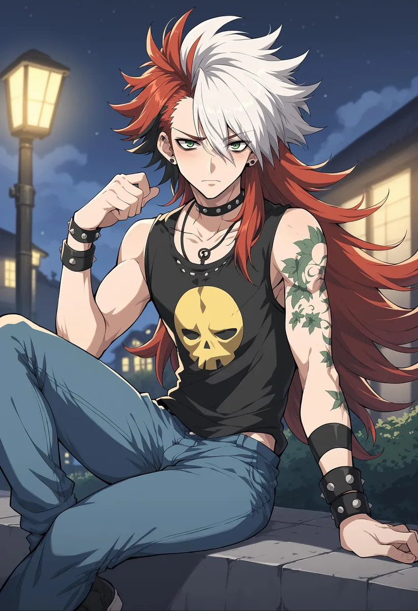 Anime character with red and white hair, wearing a black tank top with a yellow skull design, created using Stable Diffusion.