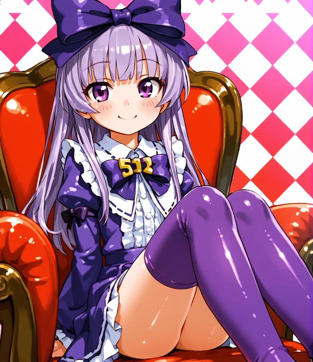 Anime girl with long lavender hair, large purple bow, and purple dress sitting on a red chair against a pink and white checkered background. This is an AI generated image using stable diffusion.